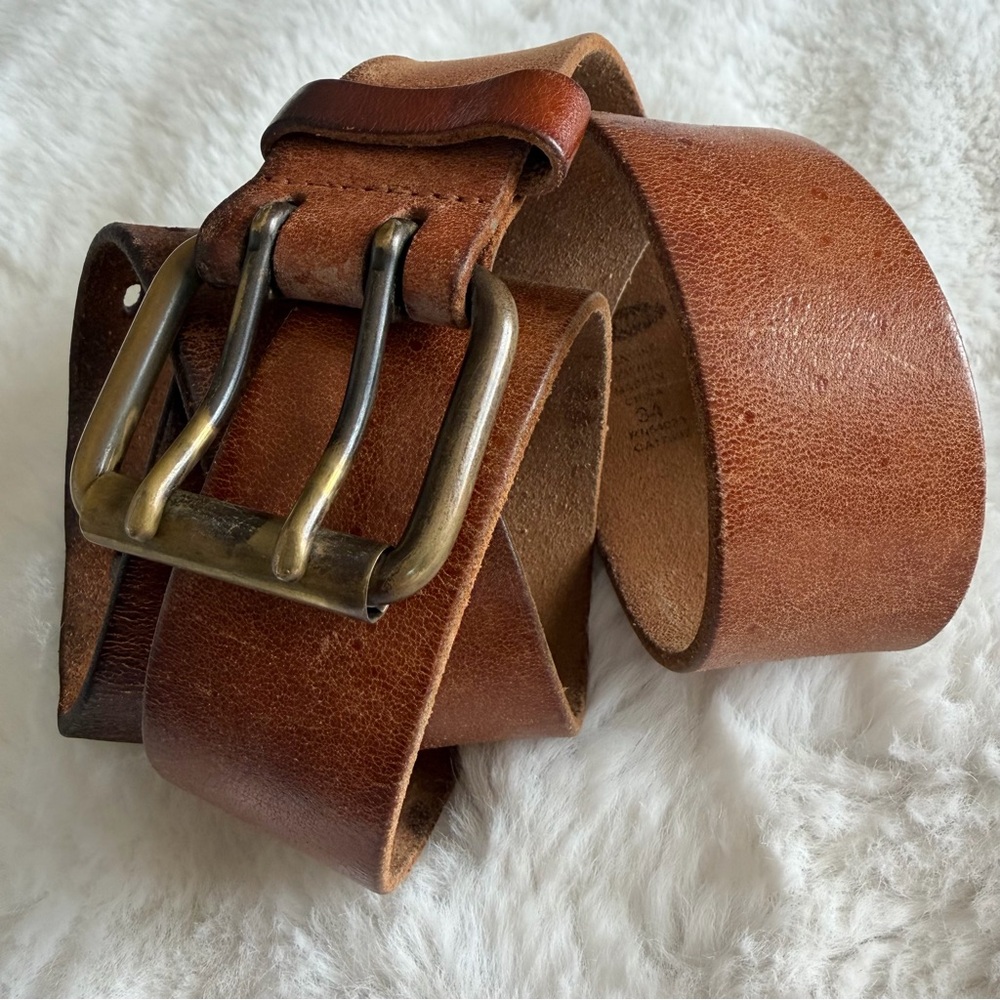 Vintage Distressed Leather Belt Solid Brass Double Prong Buckle Brown Size 34